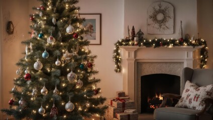 Cozy Christmas Living Room with Decorated Tree and Fireplace.
