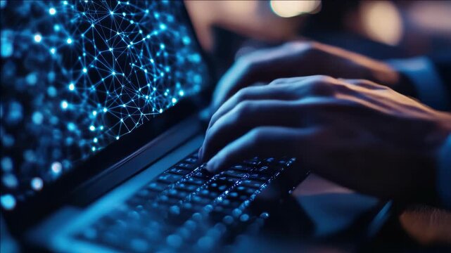 One hand on laptop keyboard with digital light patterns in the background.