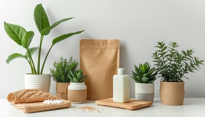 An eco-friendly still life arrangement featuring reusable household items and green plants, promoting sustainability and conscious living.
