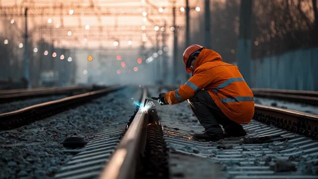Worker installing a bright LED track sign along a railroad ensuring clear visibility for train operators during daylight.