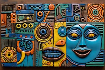 Colorful ceramic relief portraying an abstract tribal face with intricate patterns and textures