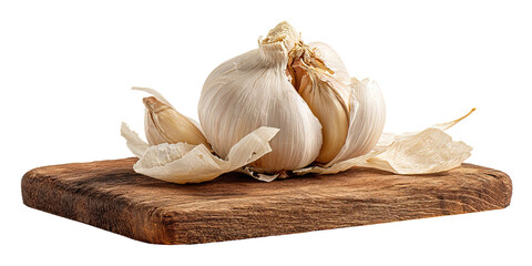 Fresh garlic bulbs on rustic wooden board
