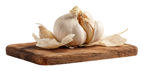Fresh garlic bulbs on rustic wooden board