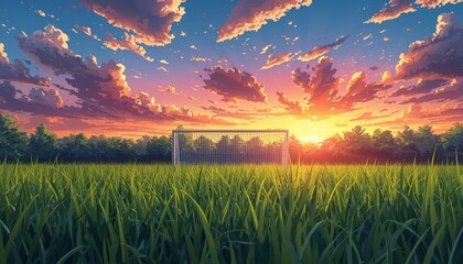 Serene Soccer Goal at Sunset in Green Field and Blue Sky
