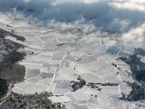 Aerial view of snow-laden vineyards creating a stark winter tapestry under a blanket of swirling clouds, Orschwiller, Grand Est, France.