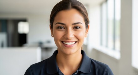 Confident Young Business Woman Smiling Brightly in a Modern Office Environment, Representing Success and Friendly Customer Service.