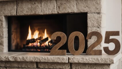 Cozy Fireplace Scene with 2025 New Year Decoration.