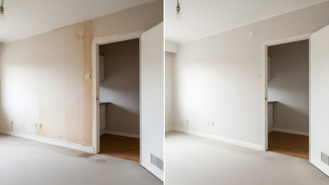 comparison of unfinished and freshly painted interior wall with doorway