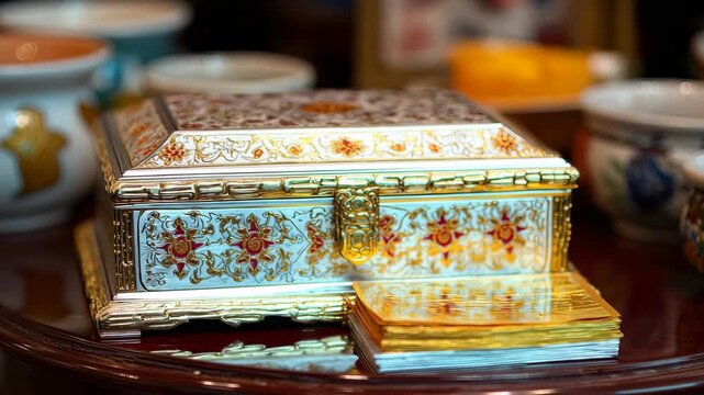Opening Ornate Decorative Jewelry Box on Polished Wooden Table in Warm Indoor Light