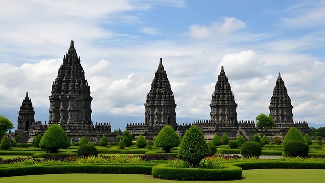 Ancient dark stone Hindu temple spires rising above a lush manicured green garden under a bright blue cloudy sky.