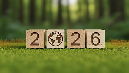 Wooden blocks displaying 2026 with a globe symbol on a mossy surface