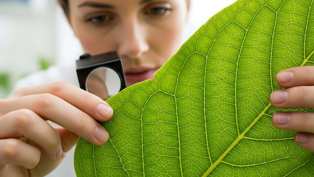 Scientist examining leaf structure with magnifying glass closely - Powered by Adobe