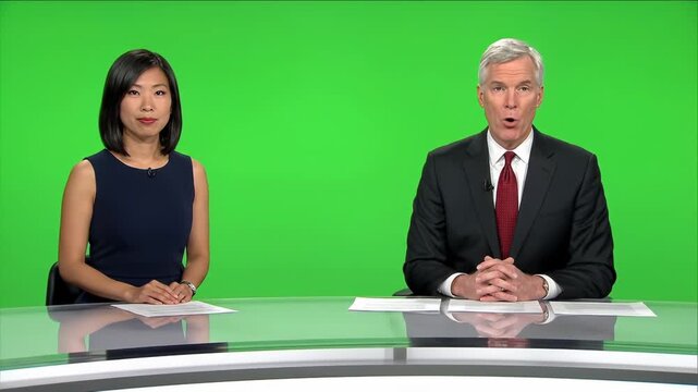News Anchors Sitting at Desk in Front of Green Screen.