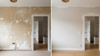 Side-by-side comparison of wall renovation showing before and after