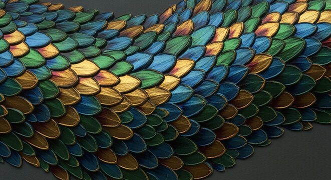Vibrant multicolor dragon scale pattern isolated on dark background
