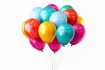 Group of multicolored balloons floating on a white background, representing celebration and joy