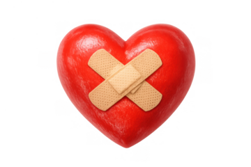 Red 3d heart with two adhesive bandages, illustrating mending a broken heart, emotional pain, and the process of recovery
