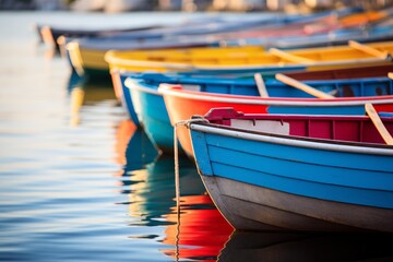 Rowboats floating on calm water showing vibrant colors and reflections