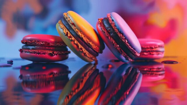 Macaroon pastries with vibrant toppings on a reflective surface.