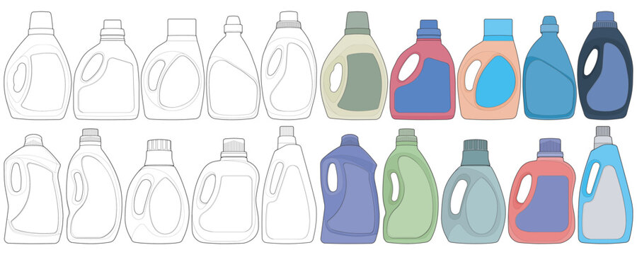 Large detergent bottle illustration set featuring outline and full color versions with various modern bottle shapes and label areas.