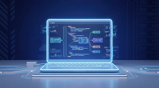 AI coding technology laptop screen displaying clean code structure and flowchart with data charts and futuristic interface