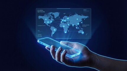 Holographic smartphone projection displays global network map with illuminated connection nodes and data flow overlay, futuristic technology scene conveying worldwide connectivity and digital