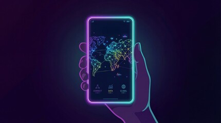 Neon smartphone world map global connection data visualization holographic display network lines dark background hand holding phone glowing edges futuristic interface