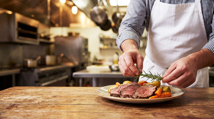 Chef finishing a dish in a kitchen in wooden table. Mockup concept