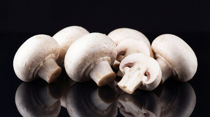 Champignons mushrooms on a black reflective surface background