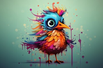 Obraz premium Cartoon bird painted with vibrant hues and abstract paint splatters