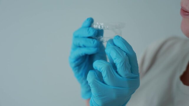 Dental professional holding clear aligners in gloved hands. Orthodontic treatment and modern dental care concept.