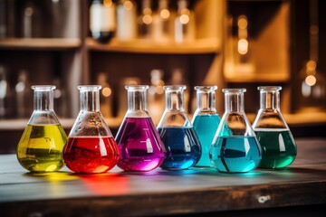 Laboratory flasks containing various colorful solutions in a science research setting