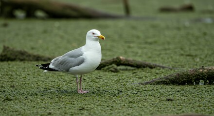Obraz premium Ring-billed Gull Standing on Bright Green Algae Covered Marshland, Vivid Nature Background for Conservation and Ecology
