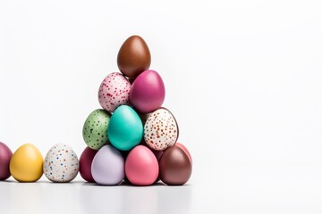 Chocolate easter eggs in pastel colors forming a pyramid on a white background
