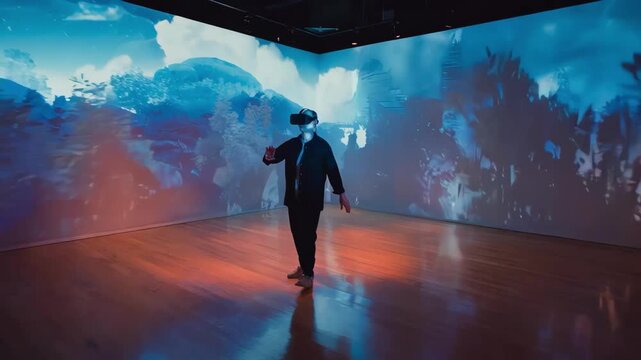 Midshot of a visitor navigating a 360degree virtual reality tour of a modern gallery surrounded by multimedia artworks and ambient lighting.