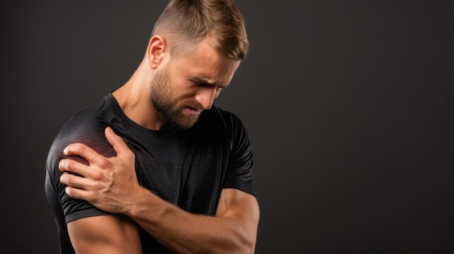 Young Man with Pain in Shoulder Gripping His Arm in Studio Against Dark Background Showing Discomfort and Strain