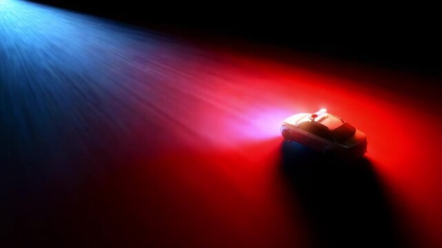 Dynamic Shot of a Police Vehicle in Motion with Flashing Lights, Set Against a Dark Background Creating a High-Contrast Visual Impact Highlighting Emergency Services