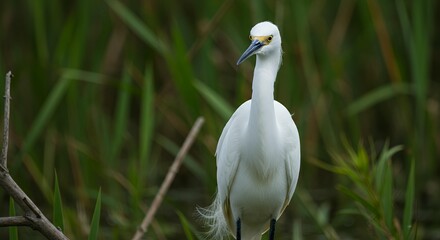 Obraz premium Close-up Frontal View of a Snowy Egret with Breeding Plumage and Yellow Facial Skin, Elegant White Bird Egretta Thula in Green Marshland, Portrait for Wildlife Conservation