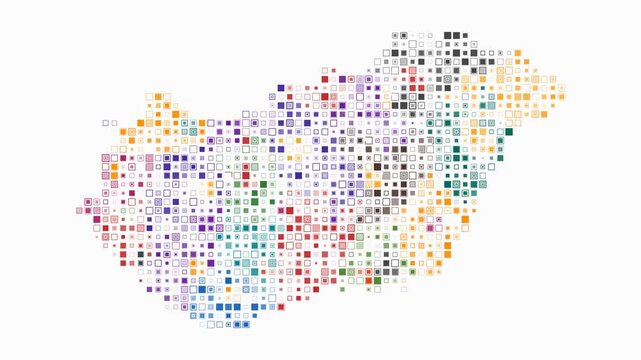 Hungary map animation. Shape of the country with pulsating colored dots. Small size square blocks. Digital style Hungary map on white background. Artistic video.