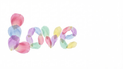 White background with the word "Love" written in flower petals