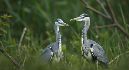 Fototapeta premium Two Grey Herons Interacting in Natural Habitat, Pair of Ardea Cinerea Birds in Wetland Mating Season for Wildlife Behavior and Ornithology Studies