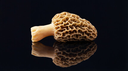 Morel mushrooms on a black reflective surface background