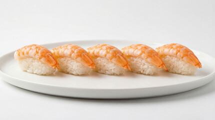 Nigiri, sushi with a small portion of rice topped with fish or shrimp