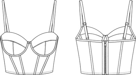 Fashion technical flat sketch of women's corset crop top and evening gown featuring sweetheart neckline, underwire cups, boning details, and adjustable spaghetti straps © Atabur