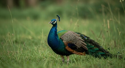 Obraz premium Majestic Blue Peacock Standing in Lush Green Grass, Side Profile of Indian Peafowl Male with Long Train Feathers and Crest in a Serene Natural Habitat