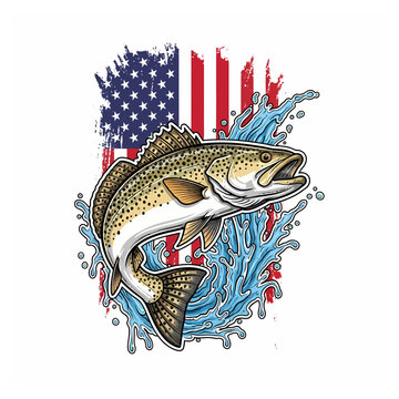 speckled trout fishing american flag logo vector illustration
