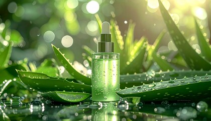 Fresh green aloe vera plant leaves covered in glistening morning dew drops and raindrops provide a macro close-up of growth and natural freshness in a wet summer garden environment