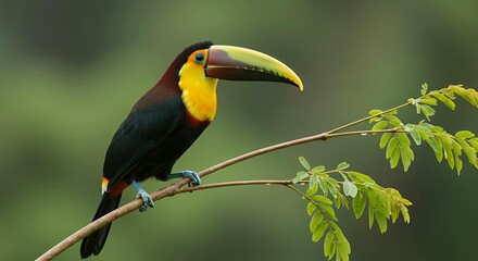 Obraz premium Close-up of a Keel-billed Toucan resting on a tree branch, detailed view of the rainbow bill and bright yellow throat against a blurred forest background.