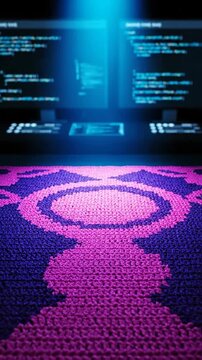 Coding on computer with pink and purple pattern