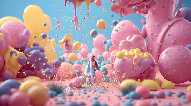 Surreal fantasy landscape with colorful abstract shapes and a lone figure